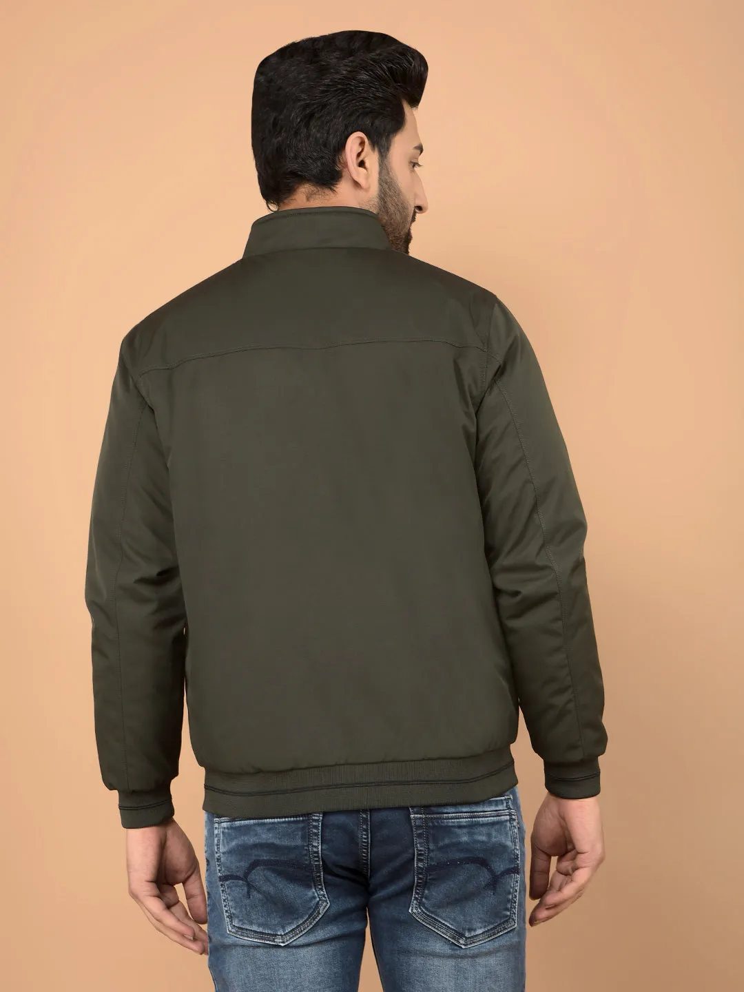 Olive Mock Neck Bomber Reversible Jacket