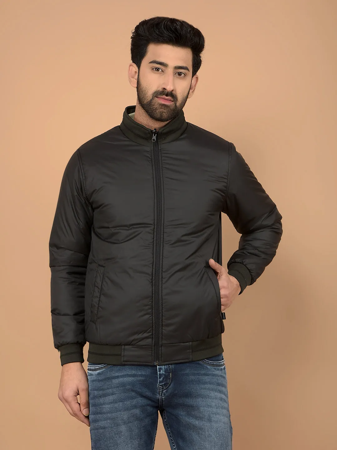 Olive Mock Neck Bomber Reversible Jacket