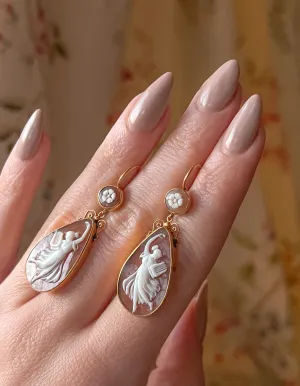 Pair of Rare Italian Cameo Drop Earrings of Classical Muses, Circa 1910