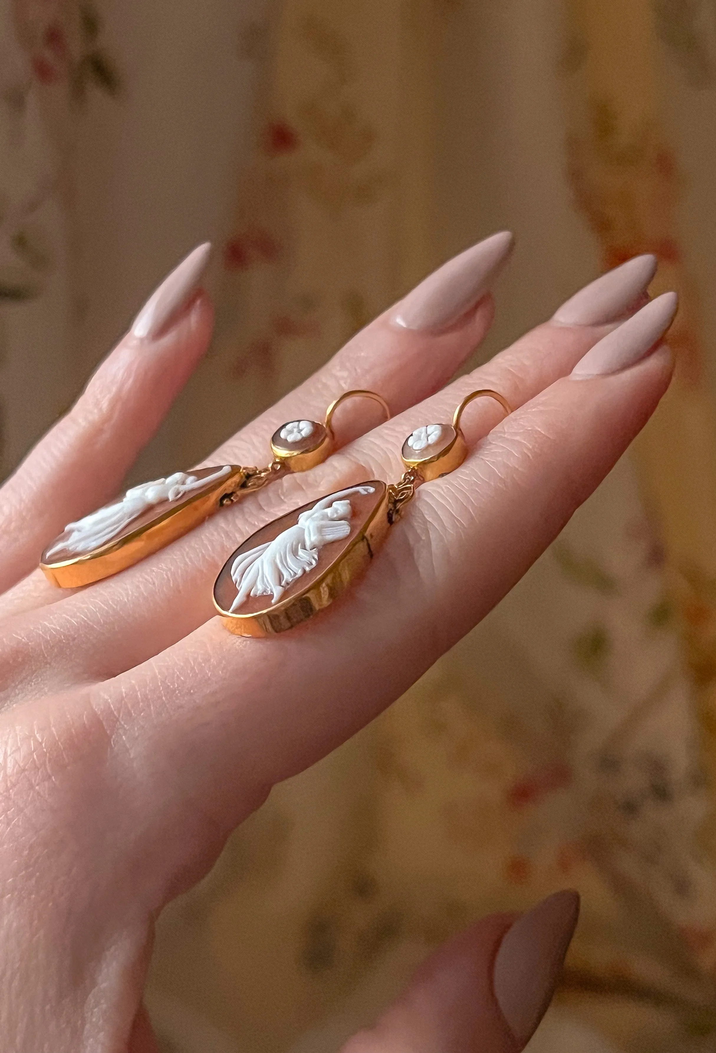 Pair of Rare Italian Cameo Drop Earrings of Classical Muses, Circa 1910