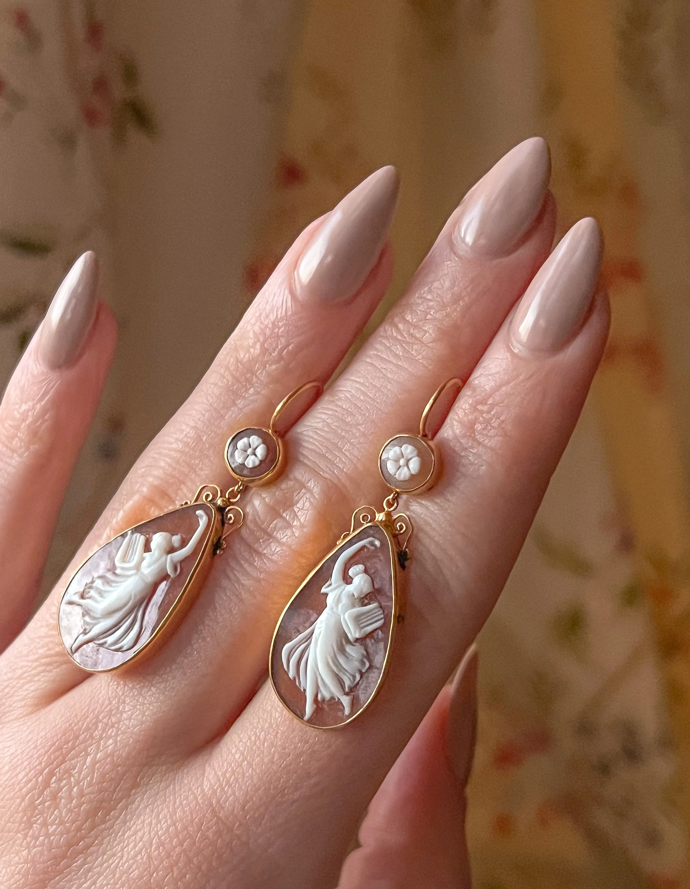 Pair of Rare Italian Cameo Drop Earrings of Classical Muses, Circa 1910