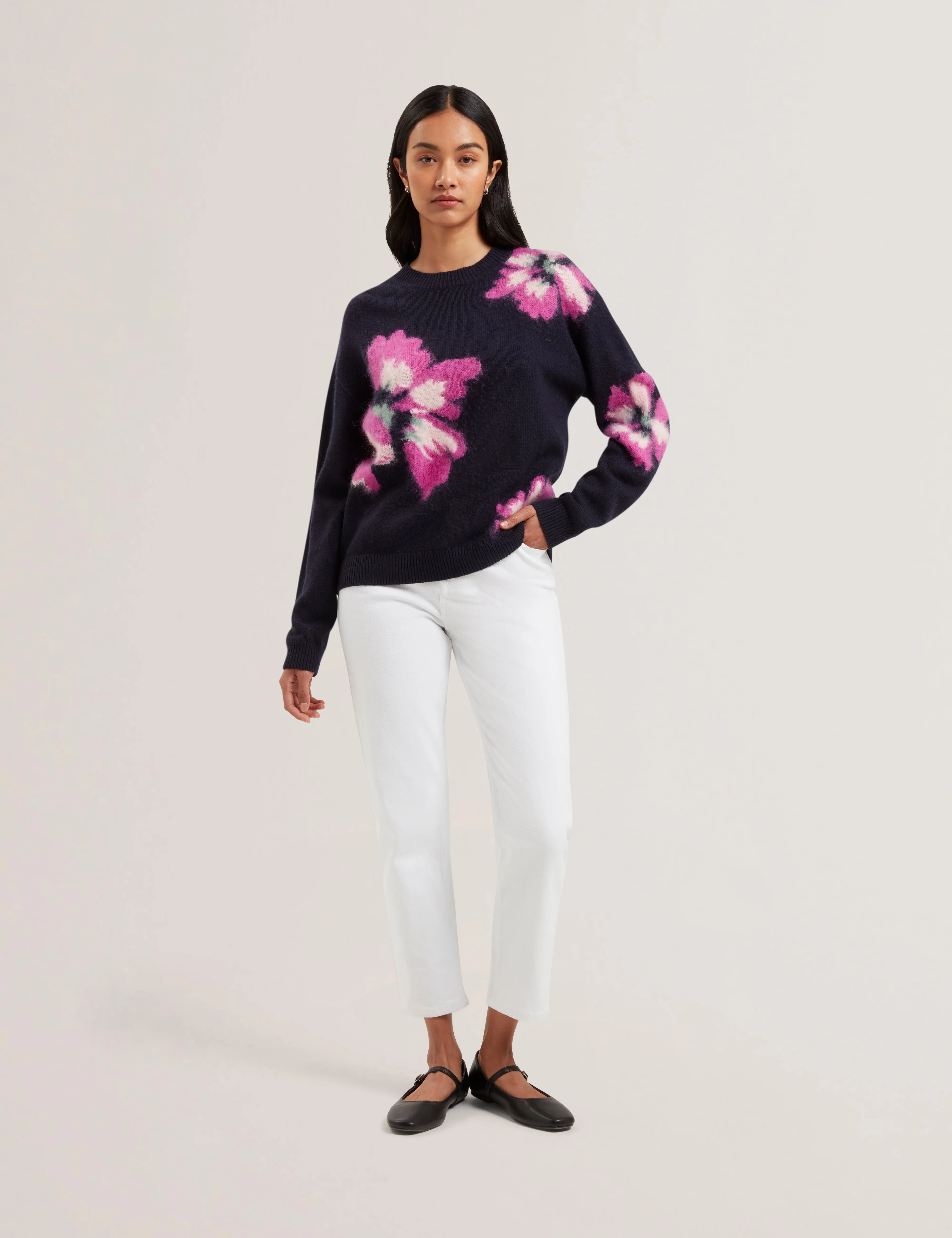 Pipann Intarsia Knitted Floral Sweater Navy