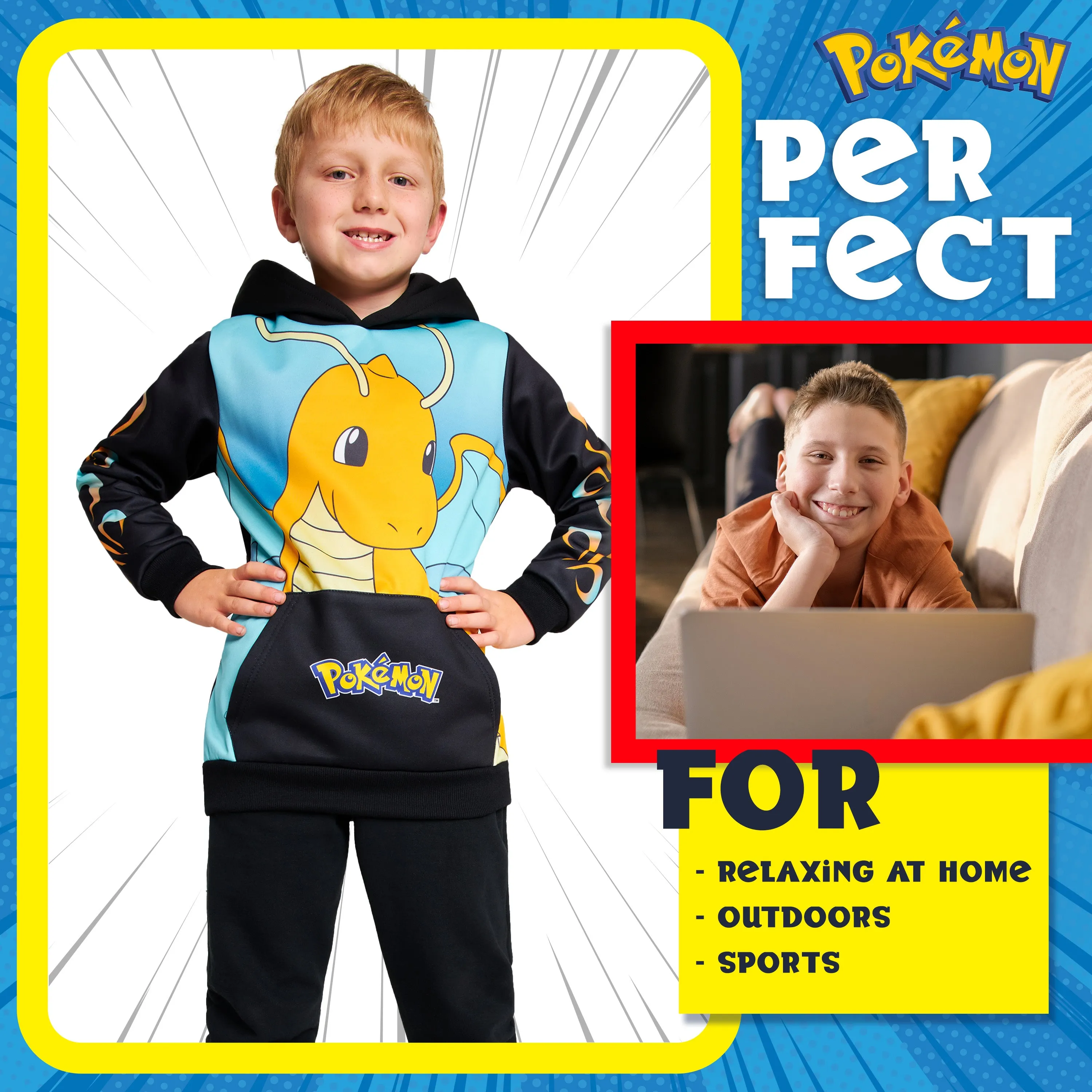 Pokemon Boys Hoodie with Cuffed Sleeves, Kangaroo Pocket - Black/Blue Dragonite