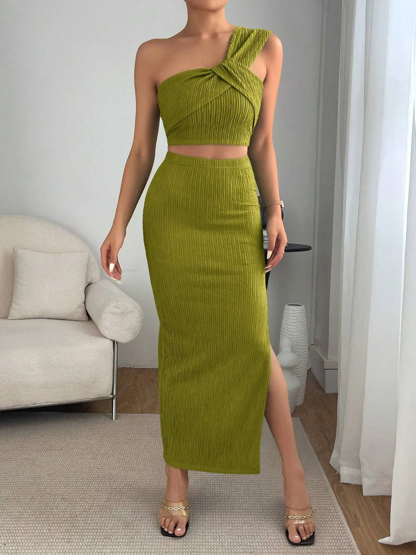 Privé One Shoulder Crop Top & Split Thigh Skirt