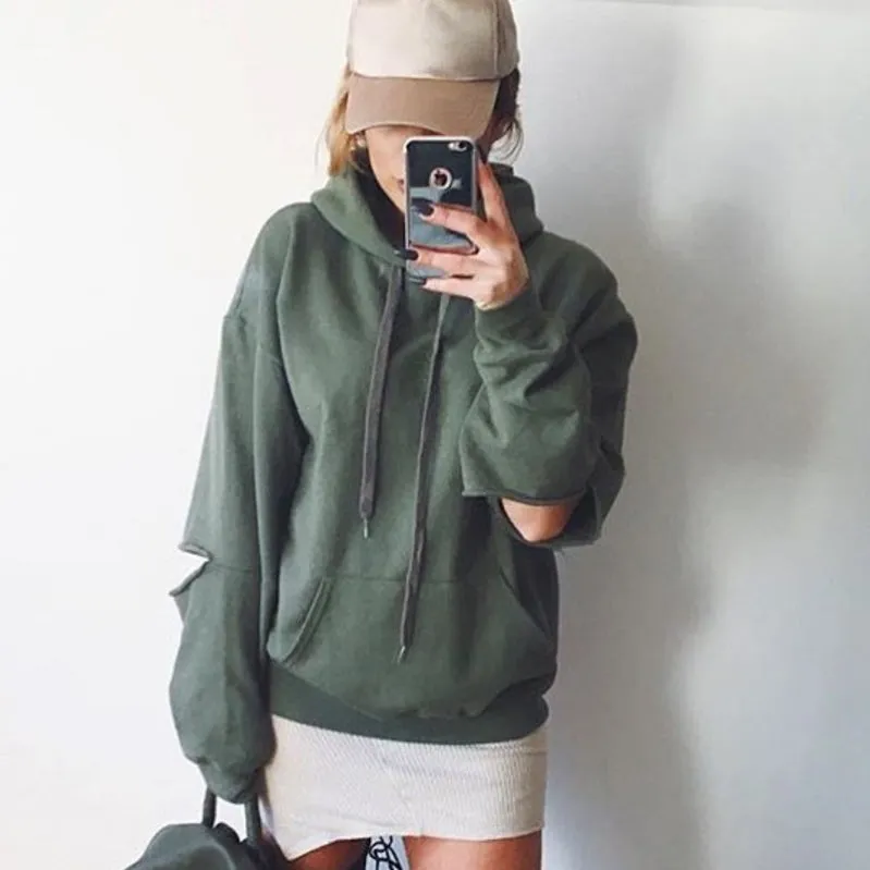 Pure Color Cut Out Long Sleeves Loose Sport Hoodies
