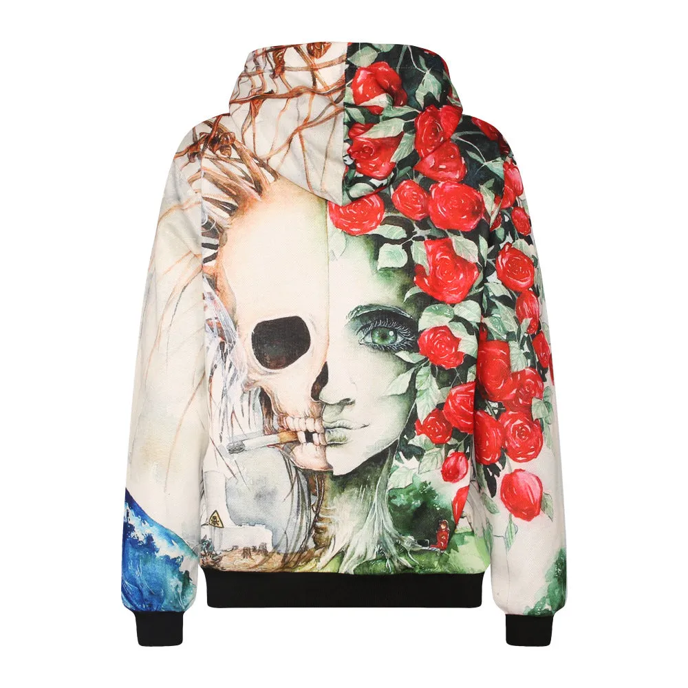 Rosy and Skull Print Drawstring High Neck Slim Hoodie
