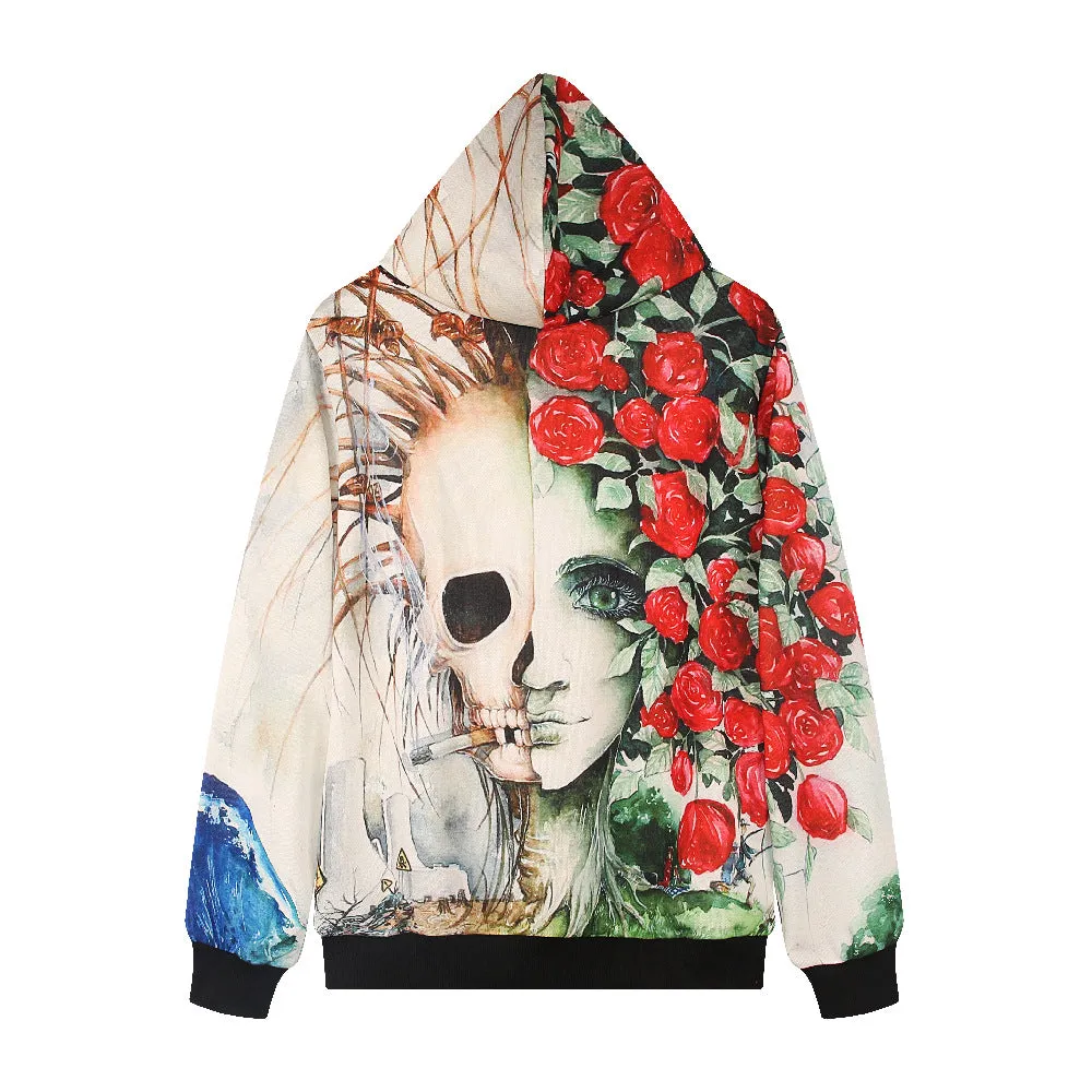 Rosy and Skull Print Drawstring High Neck Slim Hoodie