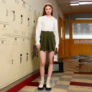 Solid Belted Pleated Skirt