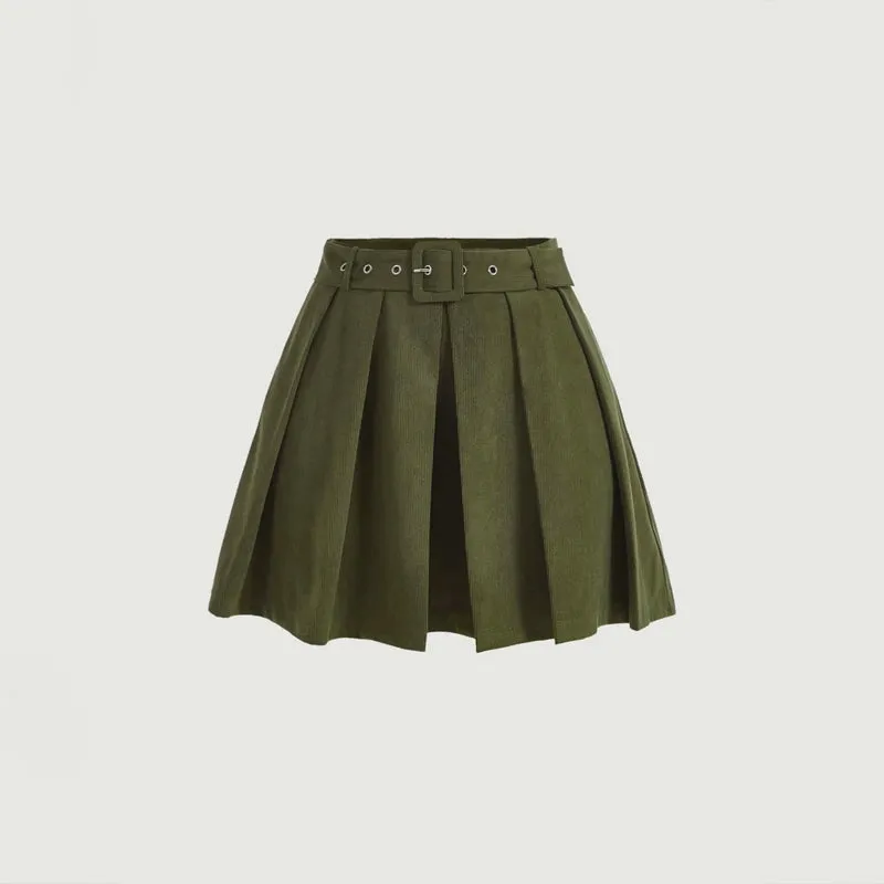 Solid Belted Pleated Skirt