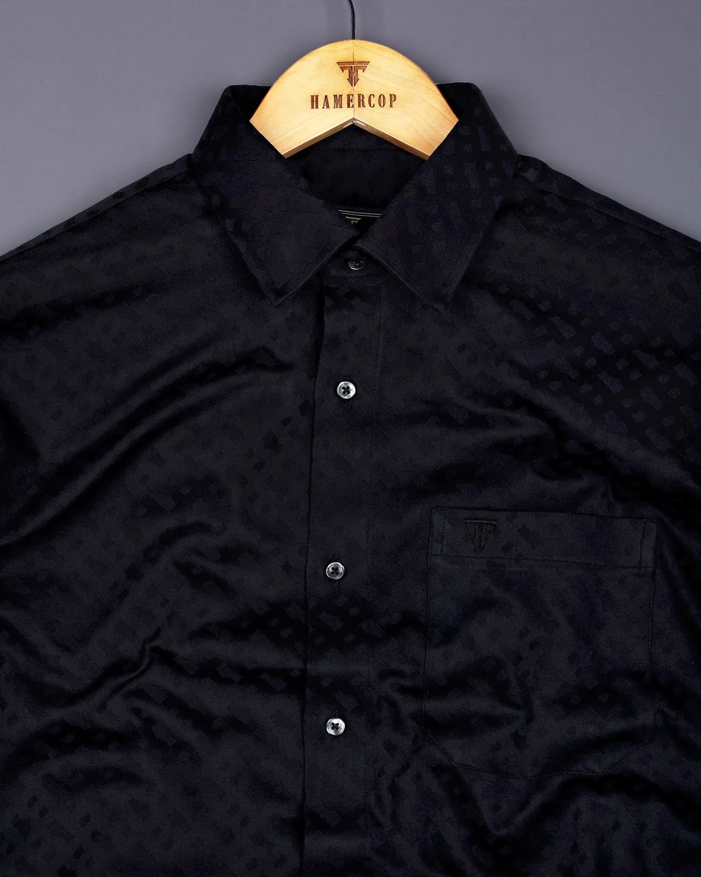 Starry Black Jacquard Texture Solid Cotton Shirt
