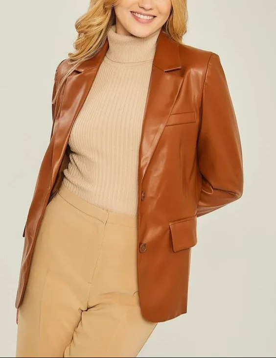 Tany Leather Blazer Women Brown Formal Outfit
