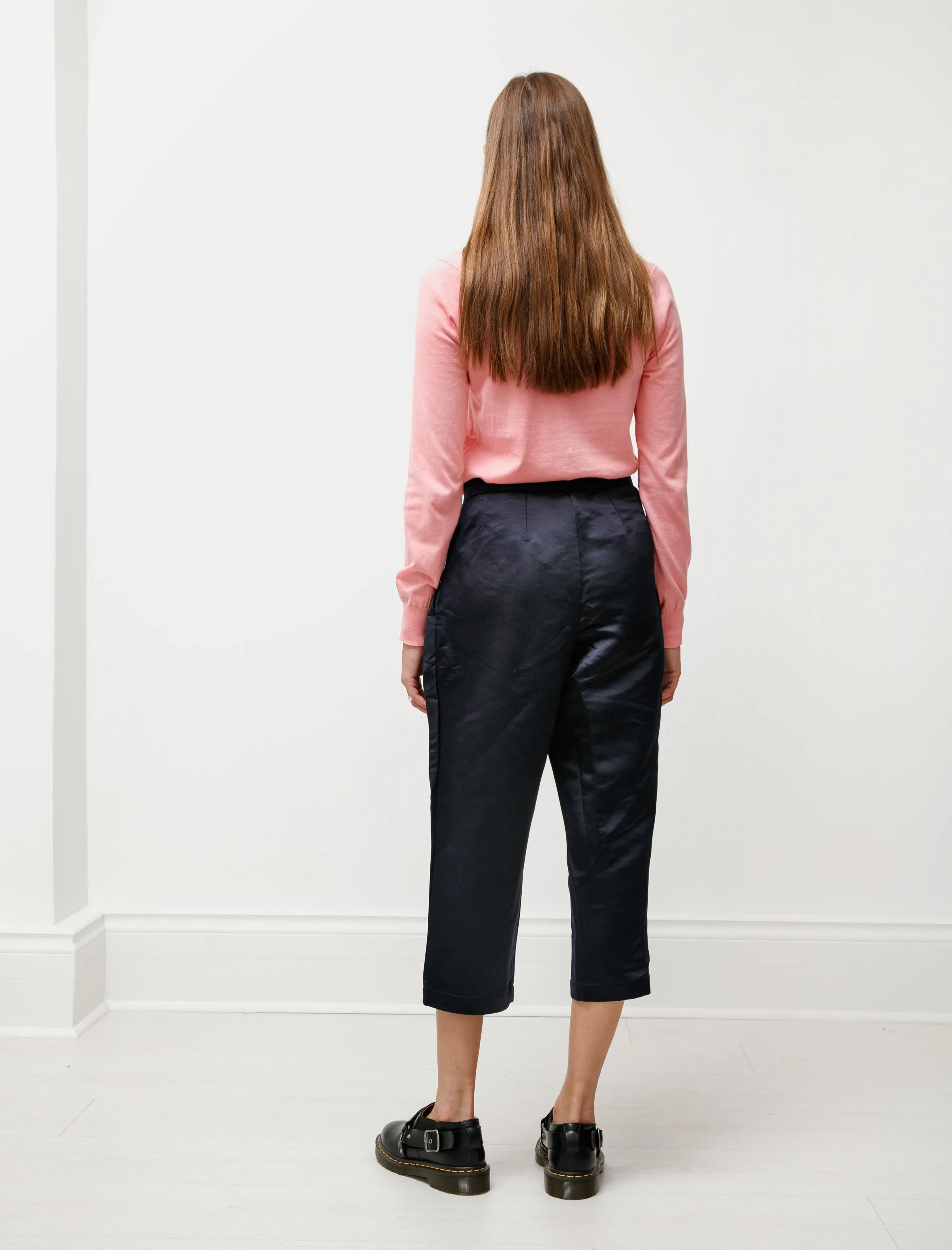 Thick Satin Pleated Trousers Navy