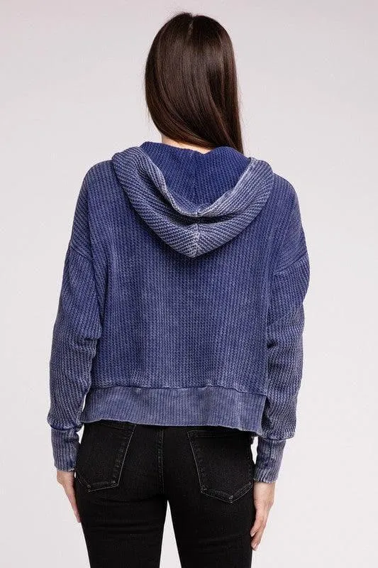 ZENANA Acid Wash Cotton Waffle Hooded Zip-Up Jacket