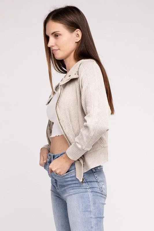 ZENANA Acid Wash Cotton Waffle Hooded Zip-Up Jacket