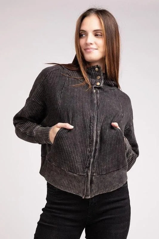 ZENANA Acid Wash Cotton Waffle Hooded Zip-Up Jacket