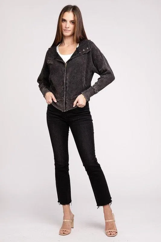 ZENANA Acid Wash Cotton Waffle Hooded Zip-Up Jacket