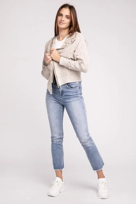 ZENANA Acid Wash Cotton Waffle Hooded Zip-Up Jacket