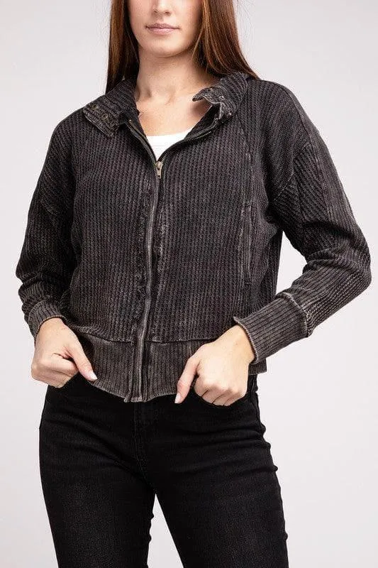 ZENANA Acid Wash Cotton Waffle Hooded Zip-Up Jacket