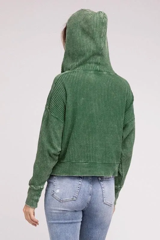 ZENANA Acid Wash Cotton Waffle Hooded Zip-Up Jacket