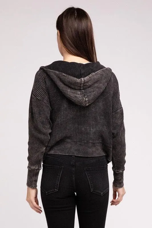 ZENANA Acid Wash Cotton Waffle Hooded Zip-Up Jacket