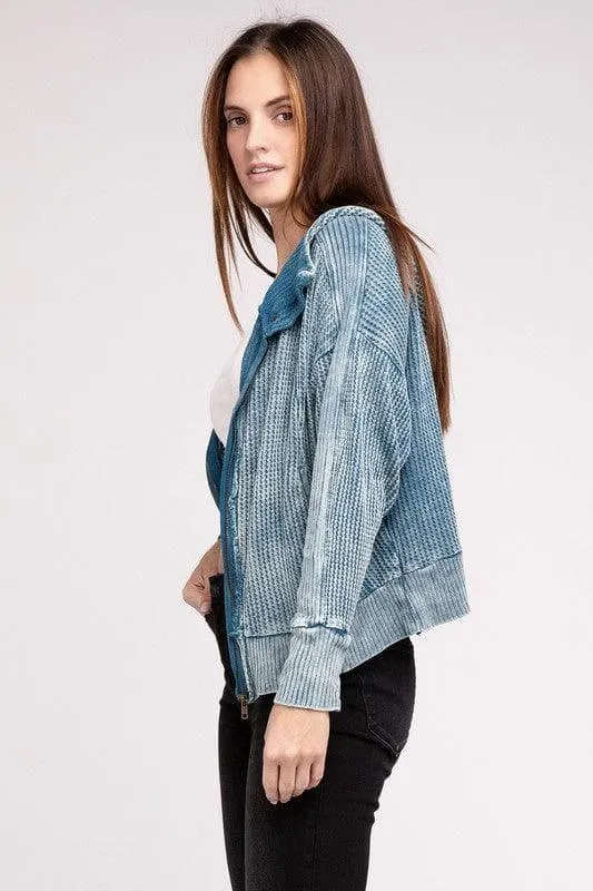 ZENANA Acid Wash Cotton Waffle Hooded Zip-Up Jacket