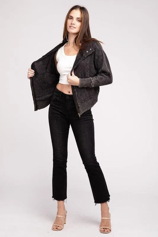 ZENANA Acid Wash Cotton Waffle Hooded Zip-Up Jacket
