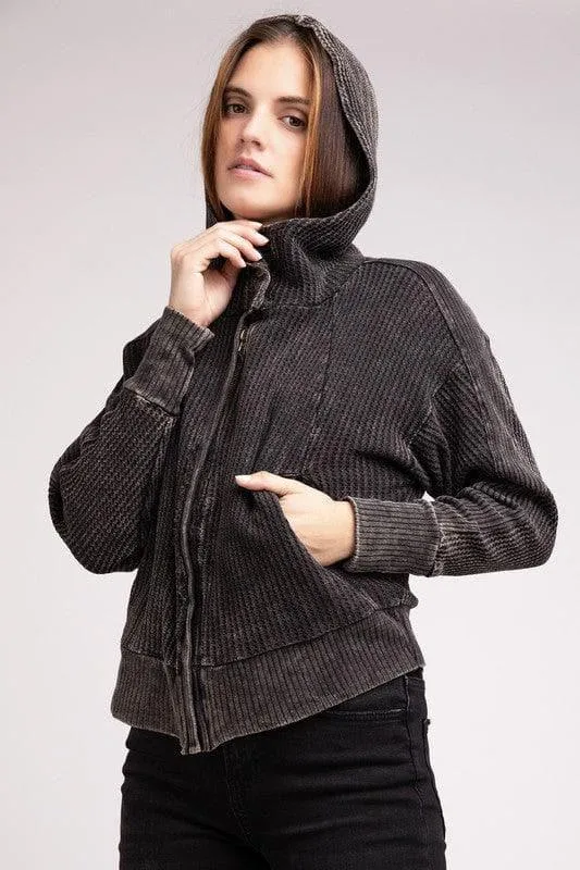 ZENANA Acid Wash Cotton Waffle Hooded Zip-Up Jacket