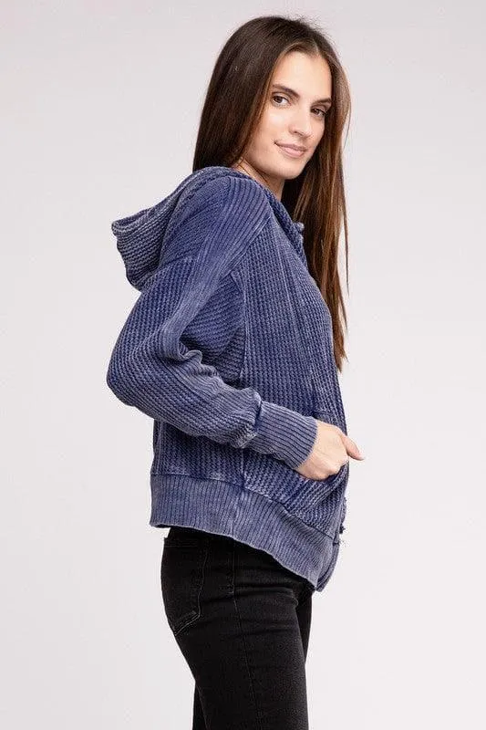 ZENANA Acid Wash Cotton Waffle Hooded Zip-Up Jacket