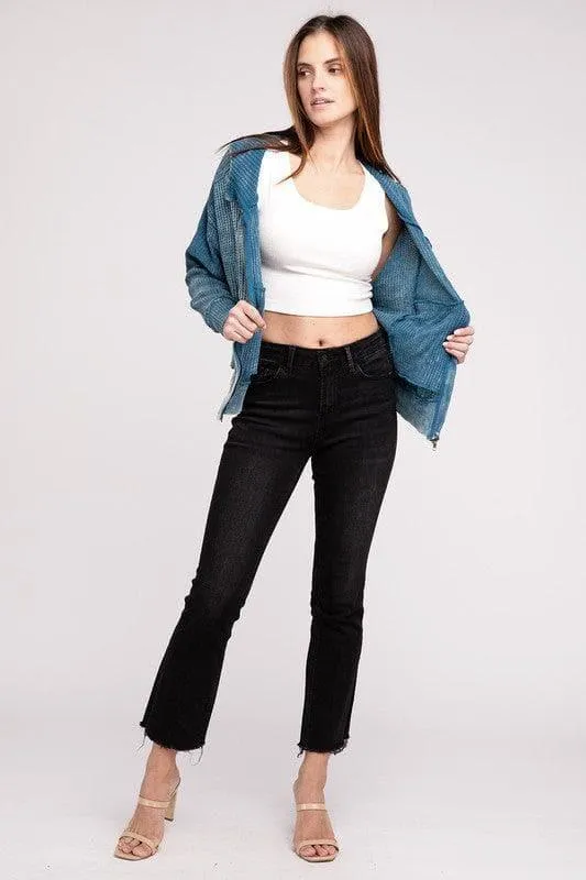 ZENANA Acid Wash Cotton Waffle Hooded Zip-Up Jacket
