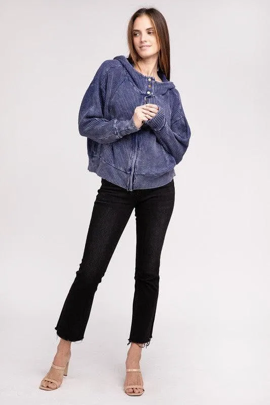 ZENANA Acid Wash Cotton Waffle Hooded Zip-Up Jacket