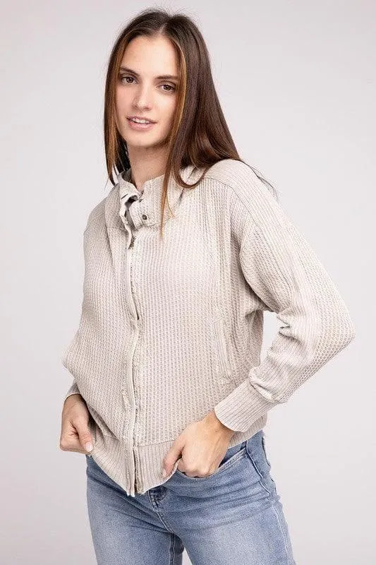 ZENANA Acid Wash Cotton Waffle Hooded Zip-Up Jacket