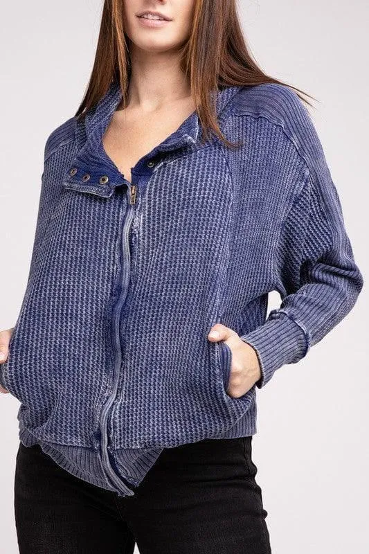 ZENANA Acid Wash Cotton Waffle Hooded Zip-Up Jacket
