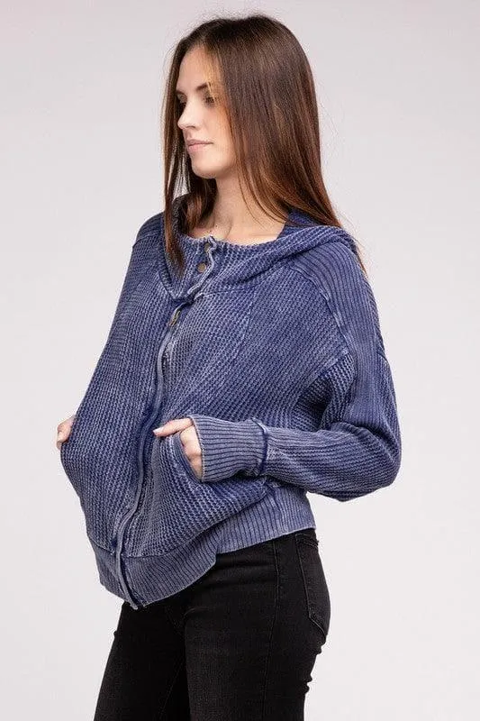ZENANA Acid Wash Cotton Waffle Hooded Zip-Up Jacket