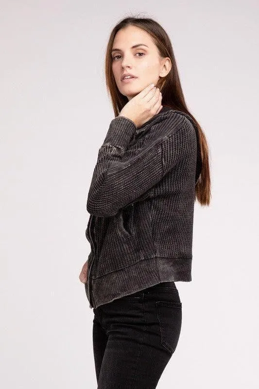 ZENANA Acid Wash Cotton Waffle Hooded Zip-Up Jacket