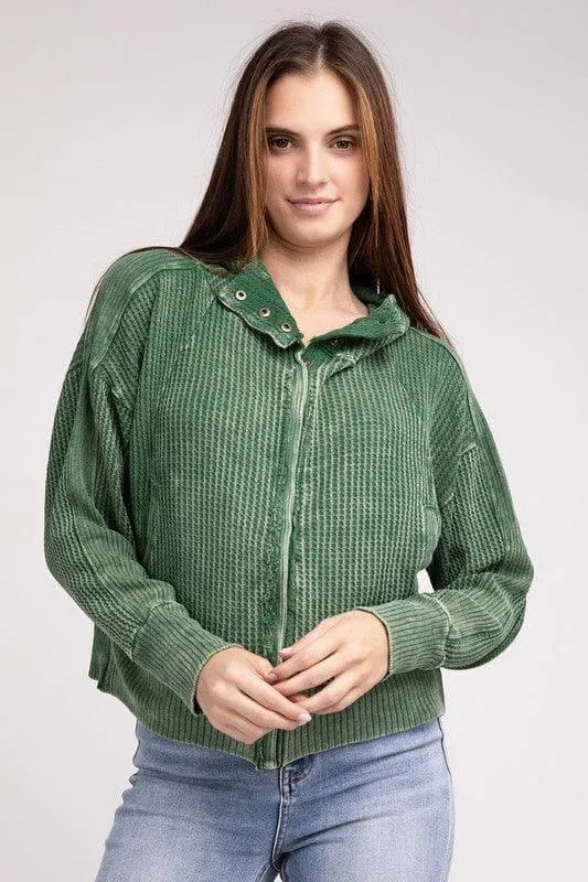 ZENANA Acid Wash Cotton Waffle Hooded Zip-Up Jacket