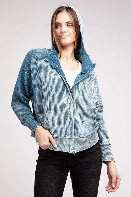 ZENANA Acid Wash Cotton Waffle Hooded Zip-Up Jacket