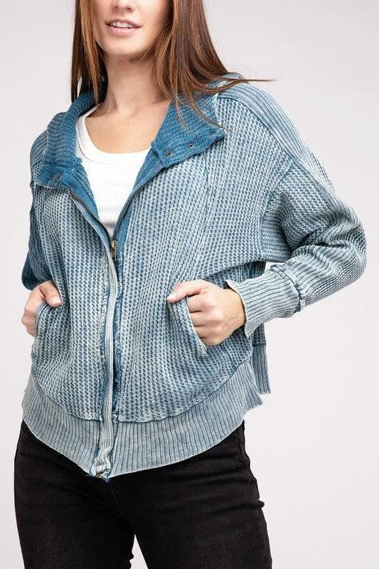 ZENANA Acid Wash Cotton Waffle Hooded Zip-Up Jacket