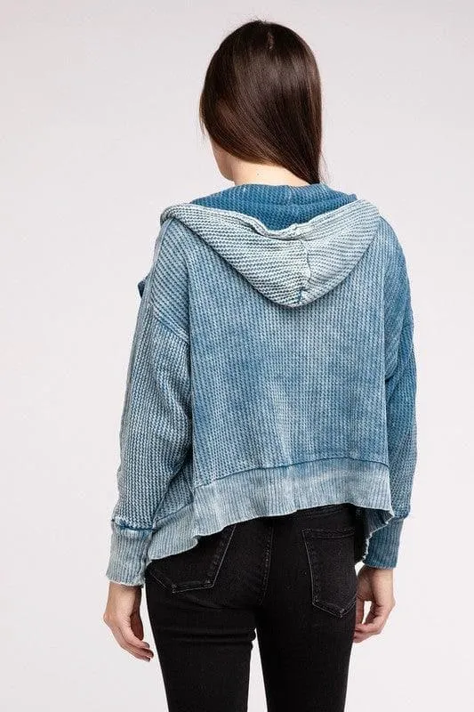 ZENANA Acid Wash Cotton Waffle Hooded Zip-Up Jacket
