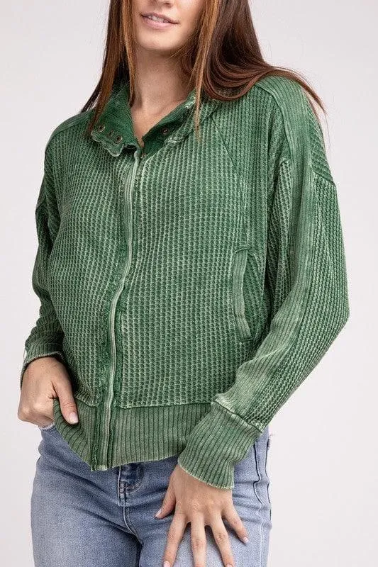 ZENANA Acid Wash Cotton Waffle Hooded Zip-Up Jacket