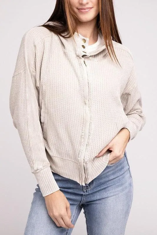 ZENANA Acid Wash Cotton Waffle Hooded Zip-Up Jacket