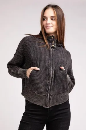 ZENANA Acid Wash Cotton Waffle Hooded Zip-Up Jacket